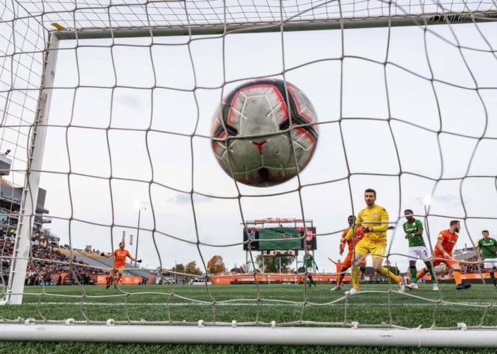 HAMILTON, ON – OCT. 26, 2019: Marco Carducci of Cavalry FC looks onward after Tristan Borges of Forge FC scores during the Canadian Premier League finals.